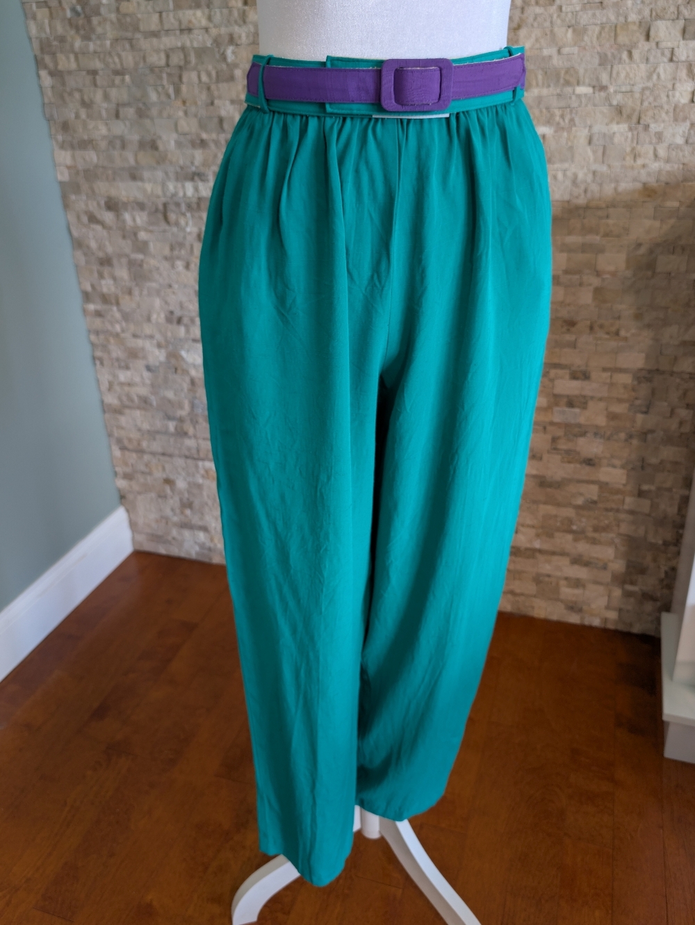 Vintage Teal Green Harem Pants Colorblock Purple Belt Sz M 80s 90s